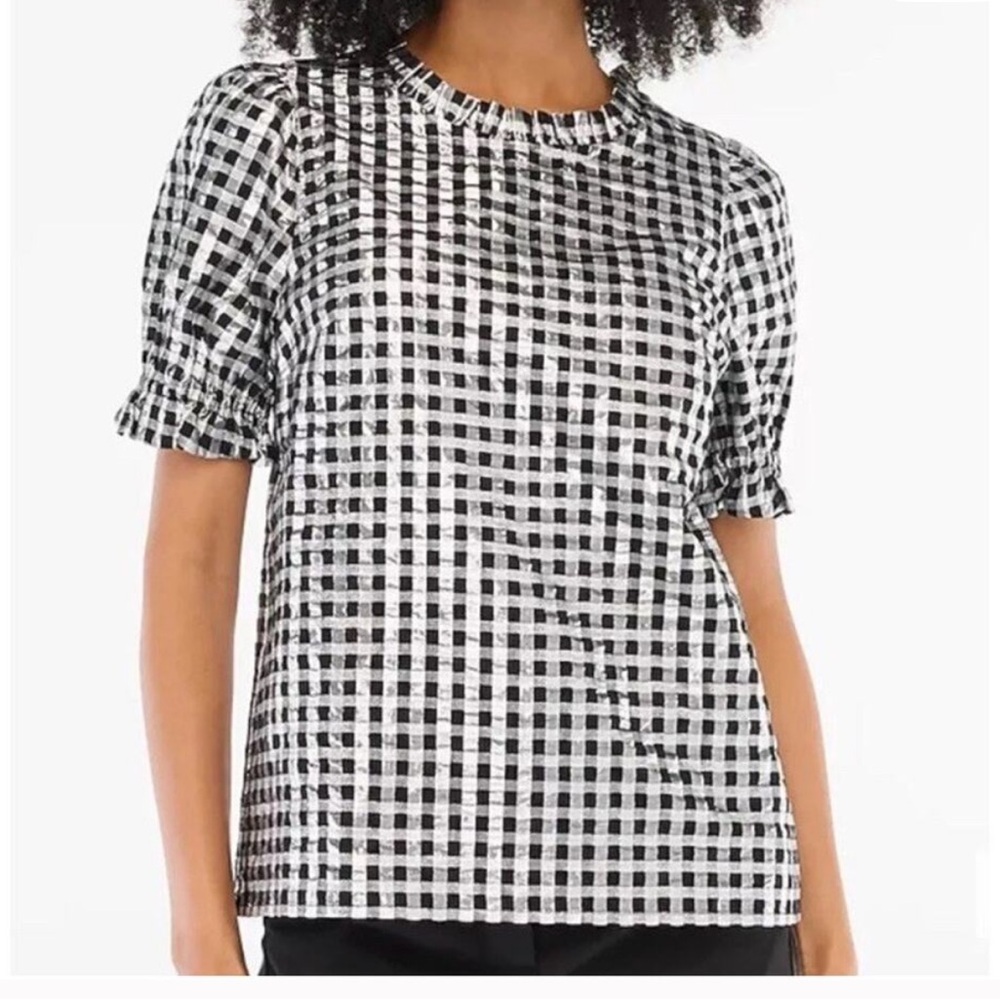 J Crew Shiny gingham puff-sleeve top - M